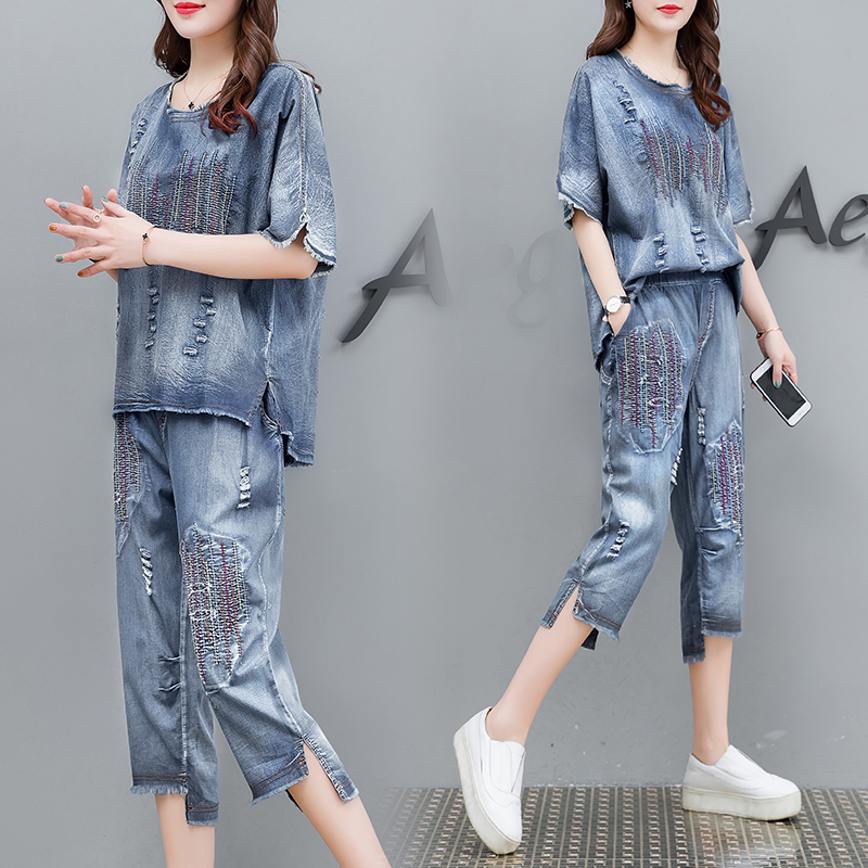 Blue Denim Suit Plus Size Women Cowboy 2 Piece Set 2020 Summer Outfits Floral Embroidery Top and Pant Suits Loose Casual Clothes T200603