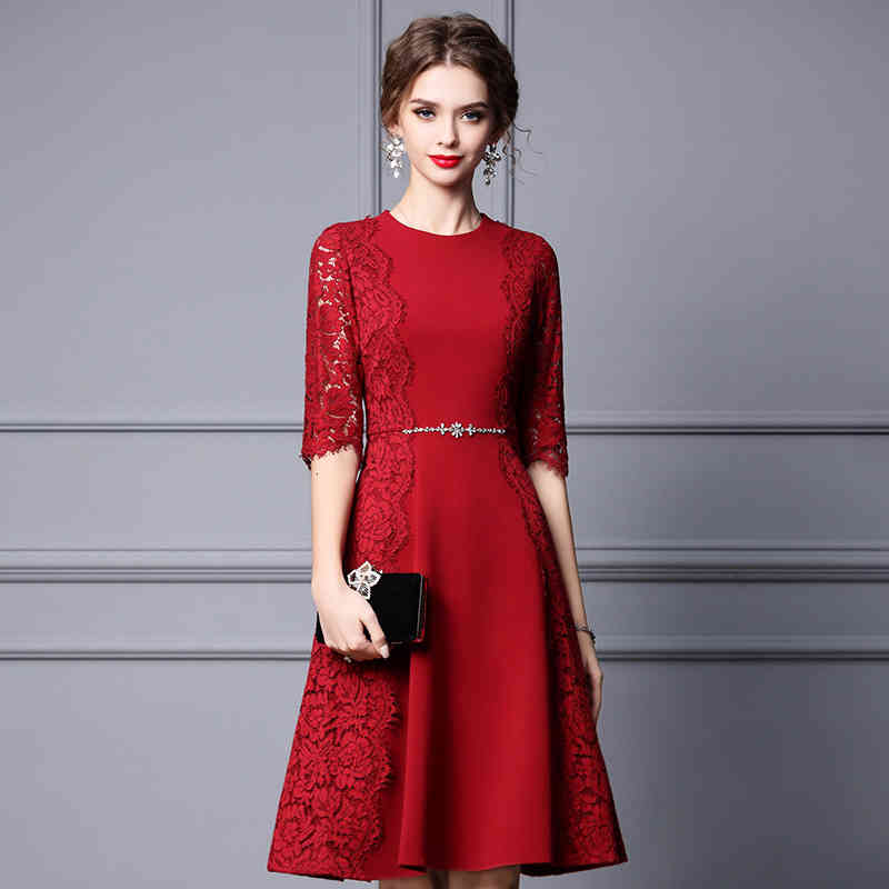 Casual Dresses Zhili wine red dress is slim at the waist. autumn formal occasion lace 7-sleeve A-line skirt 0BPE, Pink 9-point sleeve 
Casual Dresses Zhili wine red dress is slim at the waist. autumn formal occasion lace 7-sleeve A-line skirt 0BPE, Pink 9-point sleeve