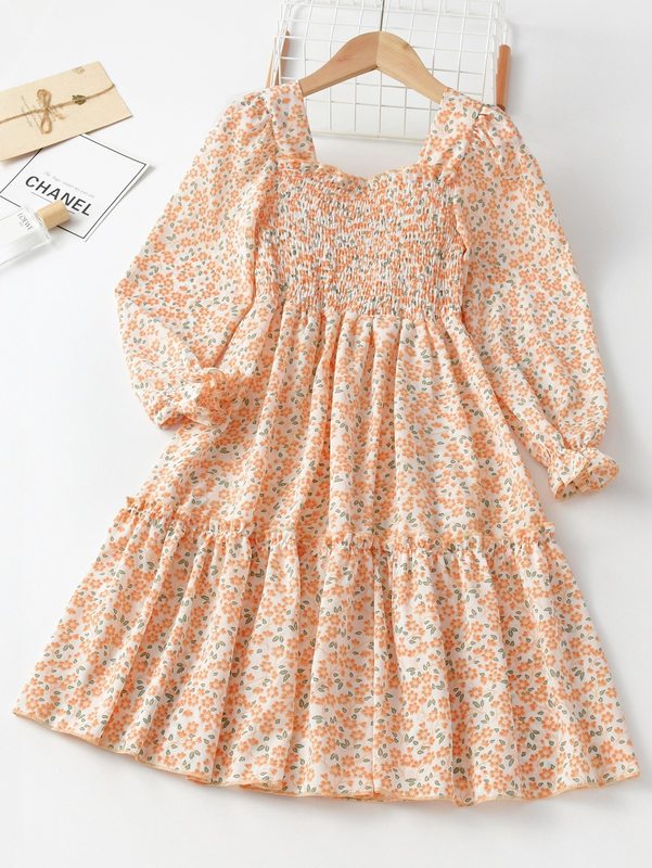 Girls Allover Floral Print Shirred Flounce Sleeve Ruffle Hem Dress SHE