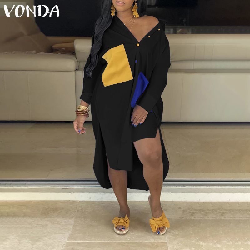 VONDA Woman Long Sleeve Blouses Autumn Patchwork Button Black White Shirts Femme Casual Bohemain Party Tops Loose Blusas S-5XL T200321