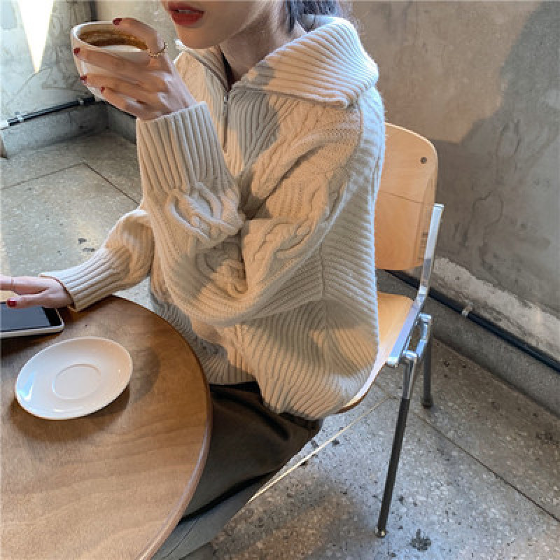YAMDI chic Stand Collar Zipper Up Women Sweaters new Autumn Winter Loose Twist Striped Long Sleeve Female Knitted Pullovers 201030wtt