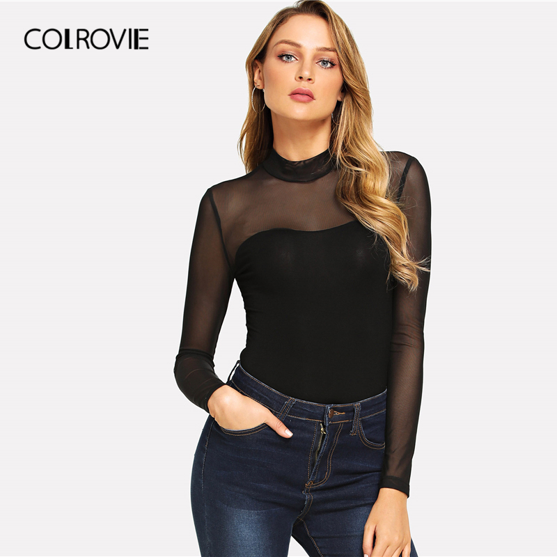 Solid Mock Neck Mesh Sheer Skinny Black Night Out Bodysuit Women Autumn Long Sleeve Sexy Body Female Basic Bodysuits T200116