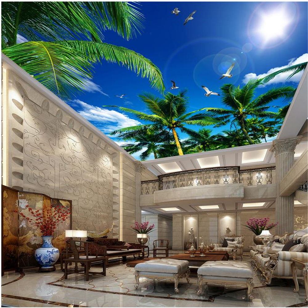 beautiful scenery wallpapers 3d ceiling murals wallpaper Coconut tree blue sky white cloud ceiling mural