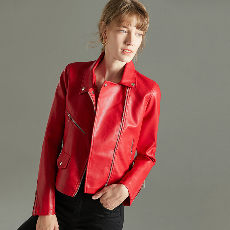 Ly Varey Lin Red Faux Soft Leather Basic Jackets Women Autumn Turndown Collar Rivet Zipper Biker Coat Faux Pu Motorcycle Jacket 201030