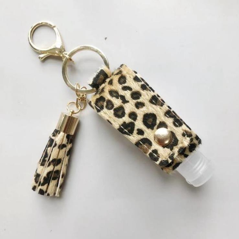 Leopard Sanitizer Keychain PU Leather Sanitizer Bottle Holder Tassels Keychain Plastic Travel Bottle Carrier Container Girl Gift 4 Style6206