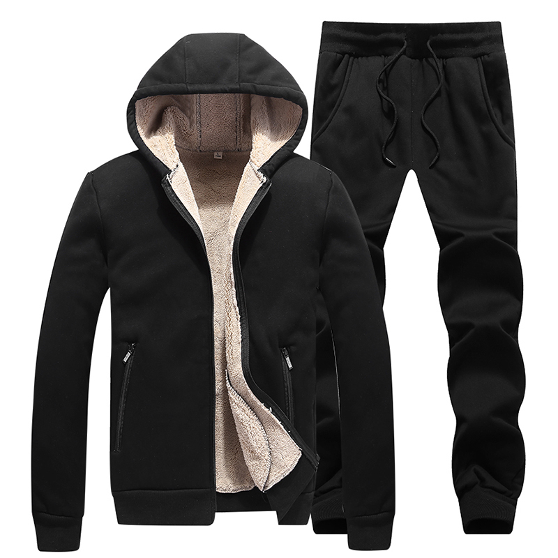 Mens suit Winter Thick Men Casual Tracksuit Sportswear Zipper Mens Hooded Sets Warm Plus Velvet Sports Suit Solid Color 201123