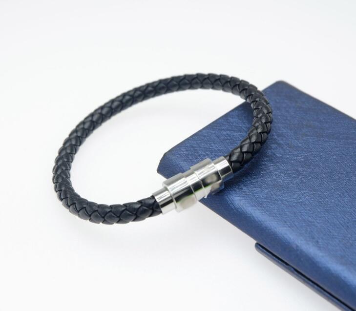 Promotion Men Magnetic Buckle Black Leather Braid charm Bracelet Fashion Jewelry Silver Wholesale price Bracelets For Men Gift ( No Box )