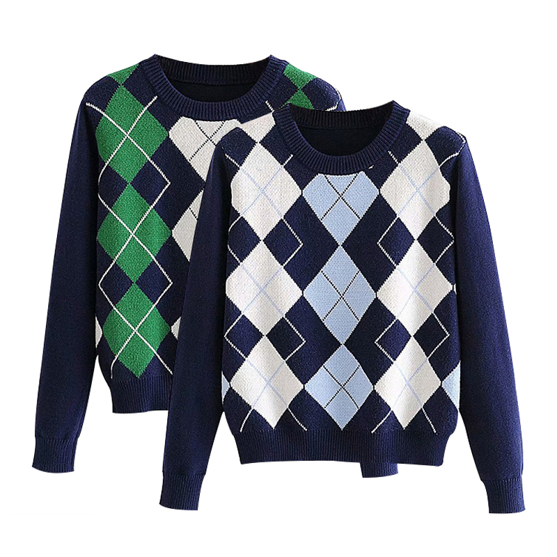 Women Pullover Sweater Retro Fall Winter Fashion Diamond Plaid Pullover Women Sweater Cute British Style Sweater Top 201223