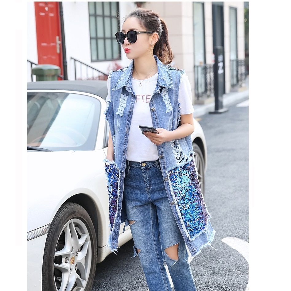 Spring Autumn Long Cardigan Denim Jacket Women Sequined Sleeveless Jeans Jackets fashion ladies blue Hole Coat Plus Size Outwear 201017
