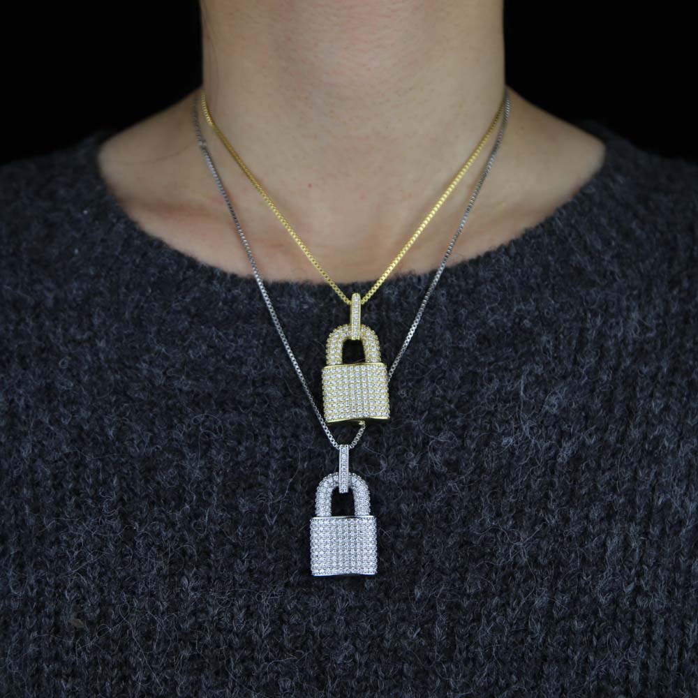 Iced Out Hip Hop Lock Pendant Necklace With Bling Cz Paved 5mm Tennis Chain Necklace Jewelry Wholesale For Women Girl Party Gift