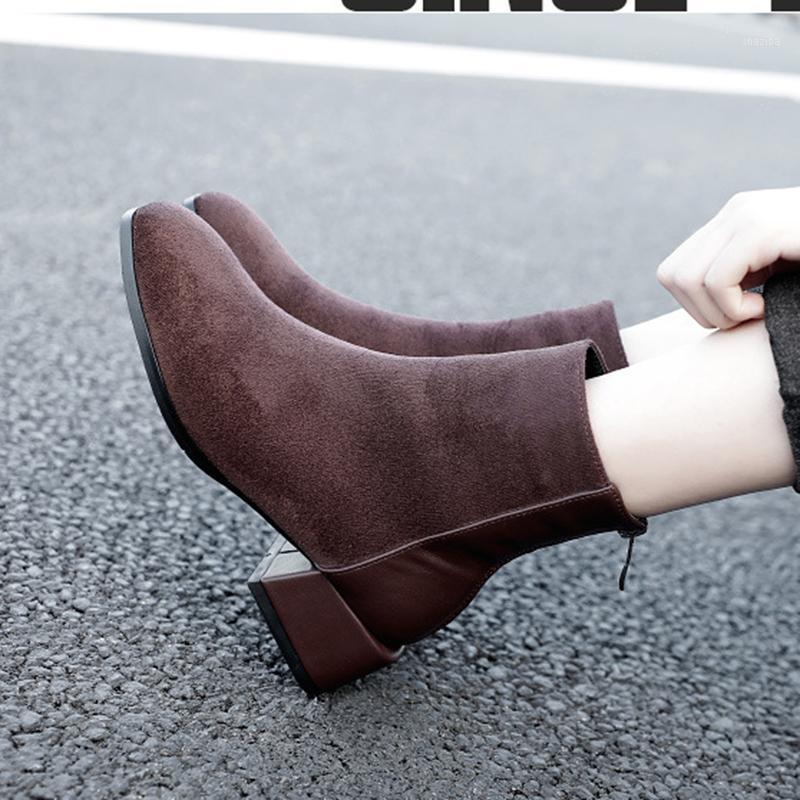 Brand fashion women leather boots, short boots, children versatile thin thin boots thick heel mid-heel ankle boots design1, Black