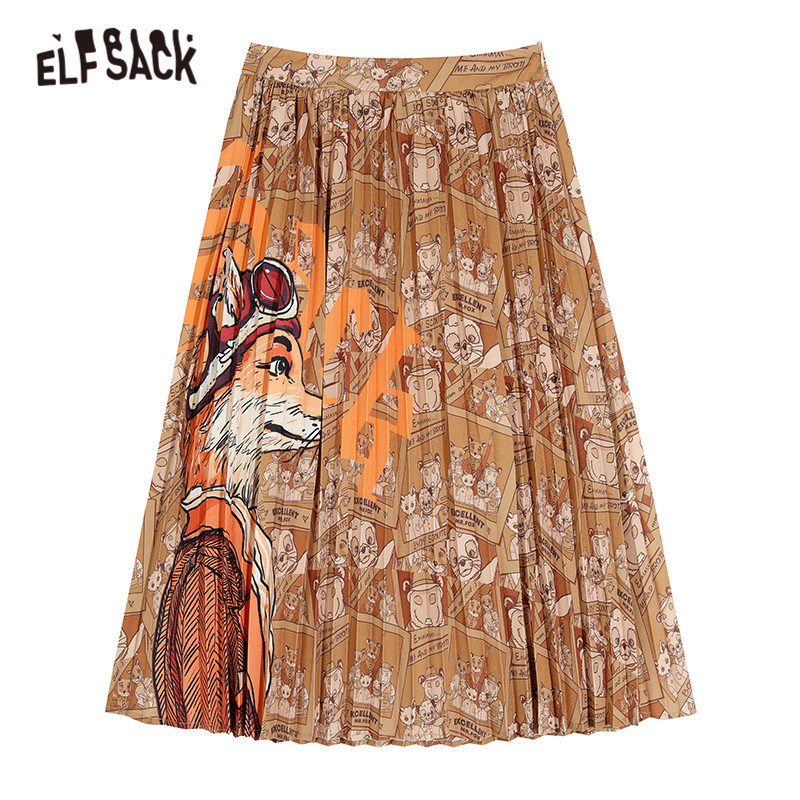 ELFSACK Fox Printed High Waist Pleated Skirts Women Winter New Fashion A Line Skinny Office Ladies Daily Long Skirt T200113