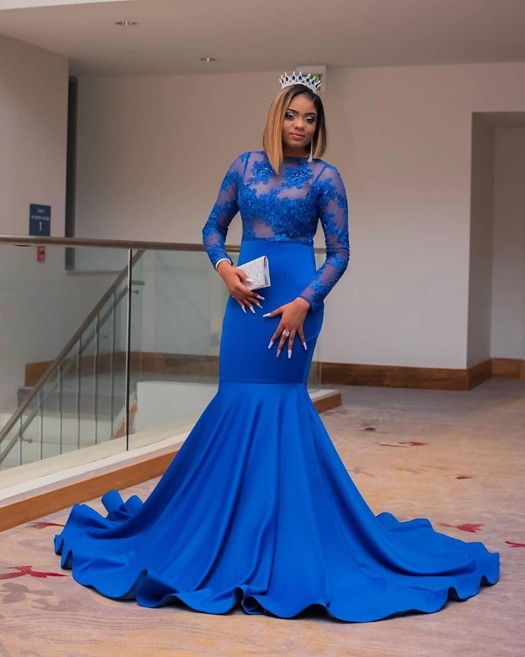 Royal Blue Mermaid Lace Prom Dresses Sheer Bateau Neck Appliqued Beaded Evening Gowns Sweep Train Satin Formal Party Dress P34 0510