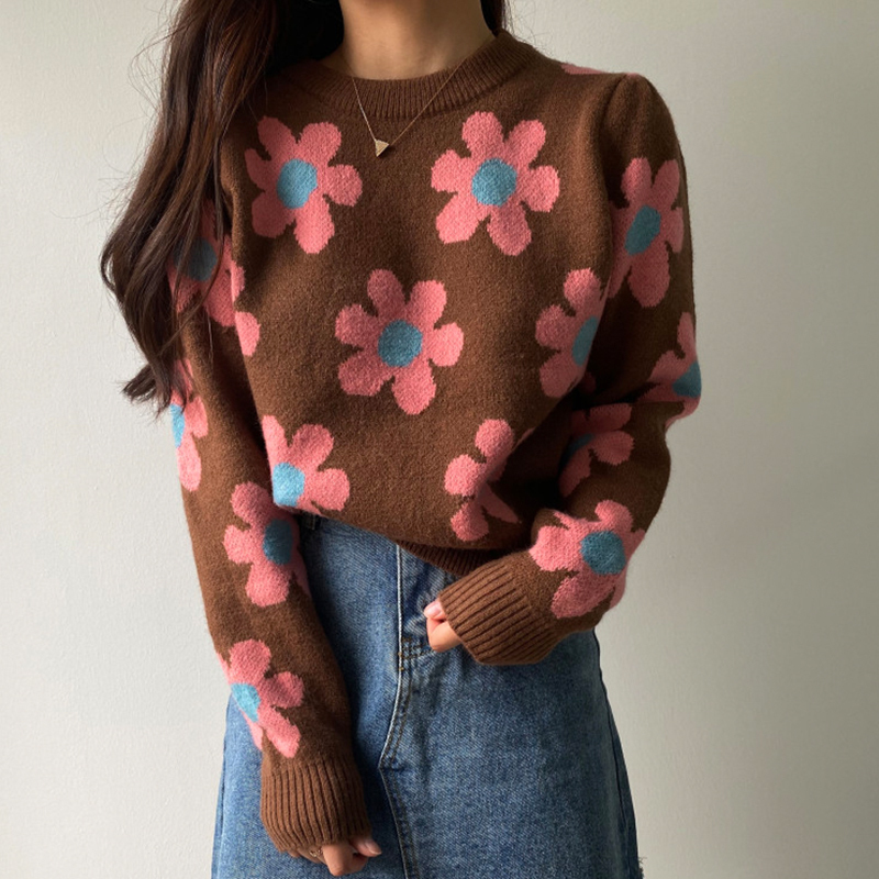 Gagarich Women Sweater Korean Autumn Winter All-match Contrasting Color Flower O Neck Pullovers Loose Long-Sleeved Knitted Tops 201130