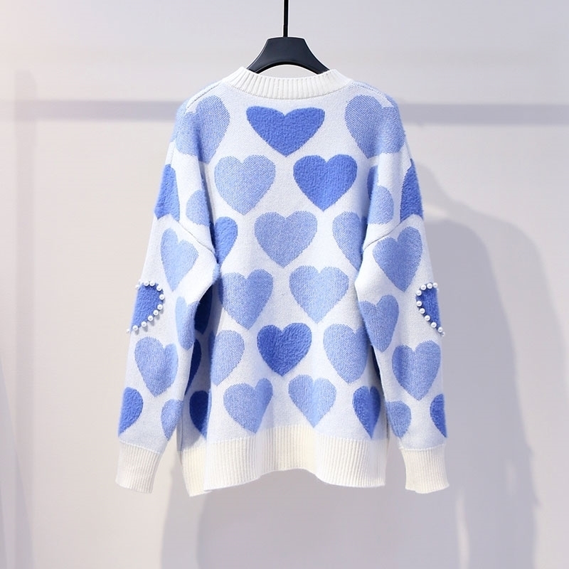 H.SA Women Knitted Sweater and Pullovers Oneck Pearls Beading Sweaters Sweet Heart Pull Jumpers Long Sleeve Kawaii Pull Femme 201023