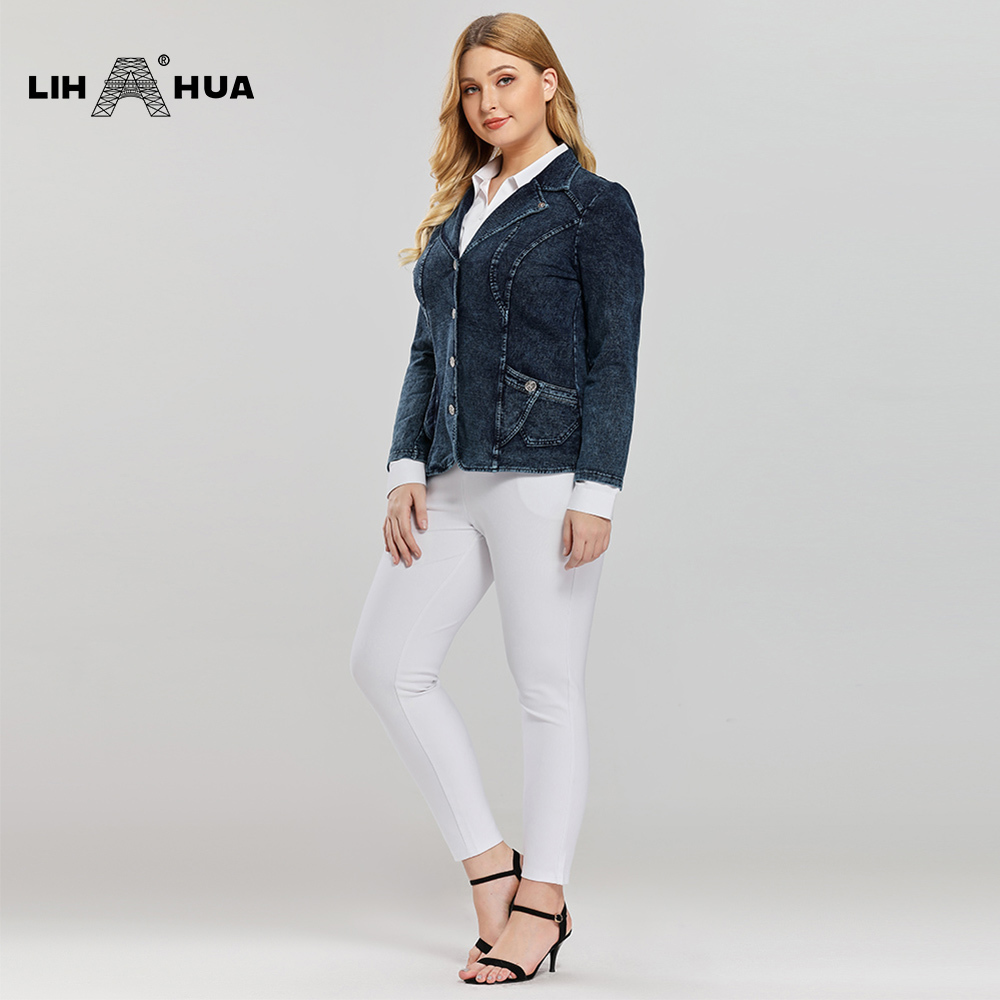 LIH HUA Women's Plus Size Casual Fashion Busine Denim Suit Premium Stretch Knitted Slim Fit Jacket 201114