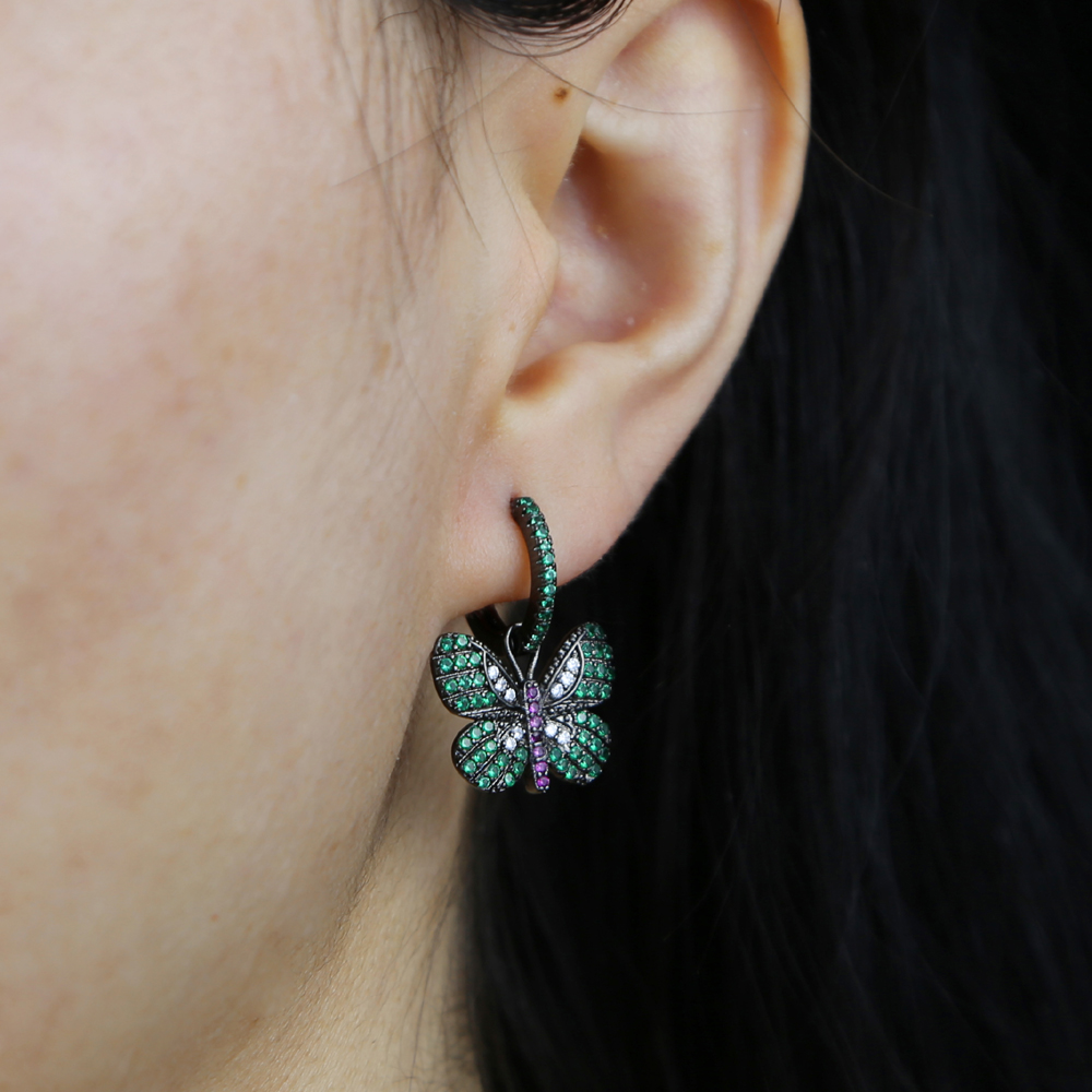 2021 New design Chic Personality Cute Green Cz Butterfly Hip Hop Vintage Animal Hoop Earring For Women Girl charm Trendy Jewelry