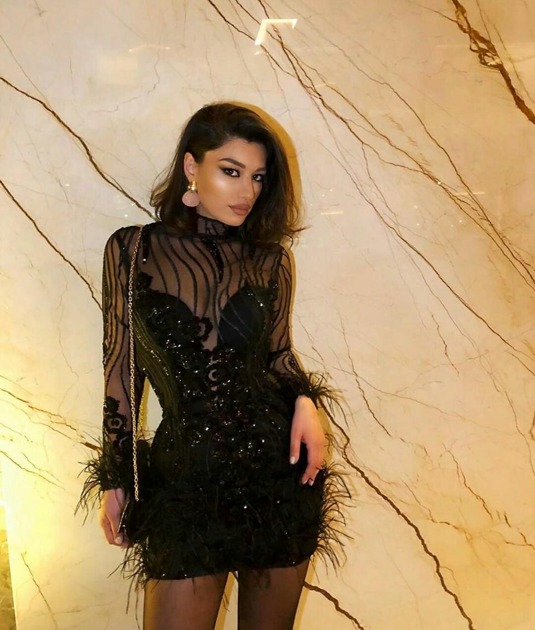little black dress 2022 Cocktail evening Dresses Long Sleeve Feather Beading Formal Dress Sexy Party Dresses Homecoming Dress