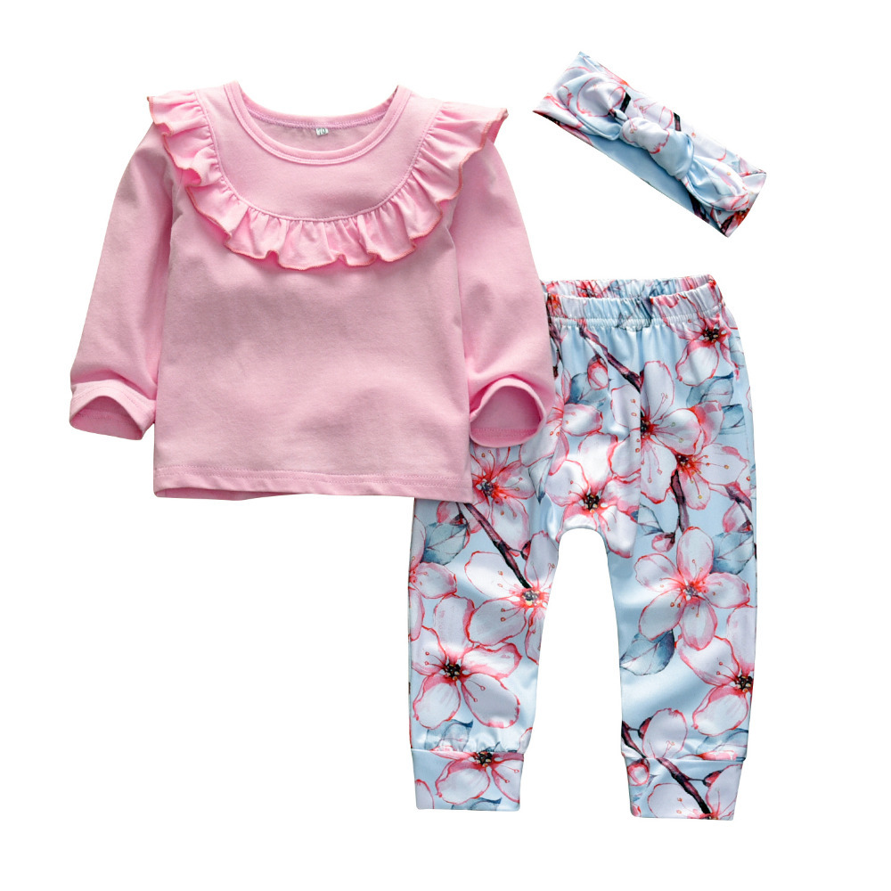 born Baby Girls Clothes Infant Cute Fold Ruffle Long Sleeve TopsPantsHeadband Outfit Set Toddler Girls Clothing LJ201223