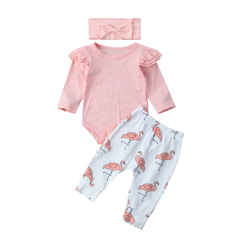 

Newborn Infant Clothing Autumn Baby Girl Clothes Set Pink Ruffle Long Sleeve Tops Cartoon Flamingo Pants Headband Outfits LJ201223, Gray 4