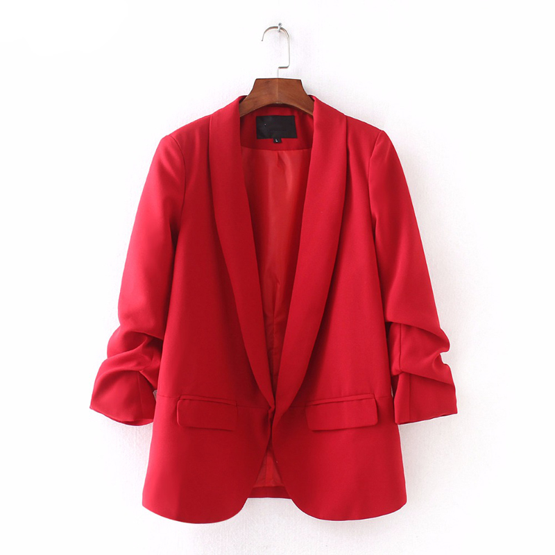 Bella women elegant white black green blazer crimping three quarter sleeve outerwear notched pocket office jacket 201114