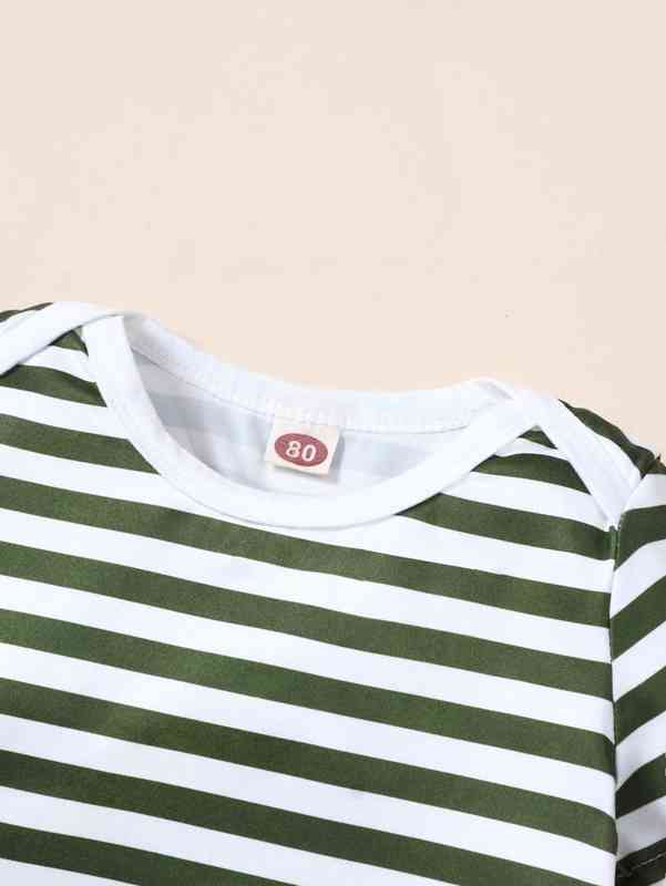 Baby Striped Bodysuit & Dinosaur Print 3D Patched Overall Romper SHE