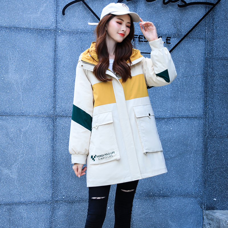 Korean Style Women's Jackets Patchwork Long Parkas Female Winter Hooded Letter Print Thick Oversized Stand Collar Outwear 201019