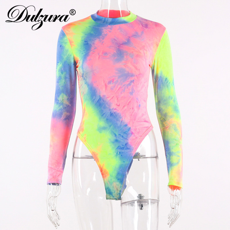 Dulzura 2019 autumn winter women bodysuit tie dye long sleeve streetwear festival clothes body office rompers bodycon T200116