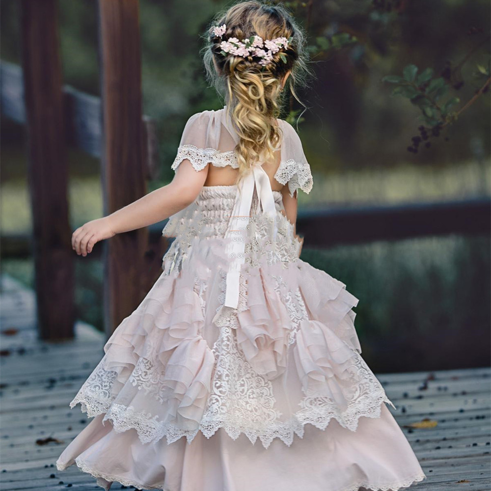 Cute Girls Pageant Dresses Lace Appliques Jewel Party Gown Flower Girl Dress Short Sleeves Colorful Formal First Communion Dresses