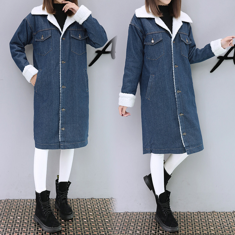 Hodisytian Winter Fashion Women Trench Thick Coat Full Sleeve Fleece Warm Slim Long Denim Windbreaker Outerwear Casaso Femme 201211