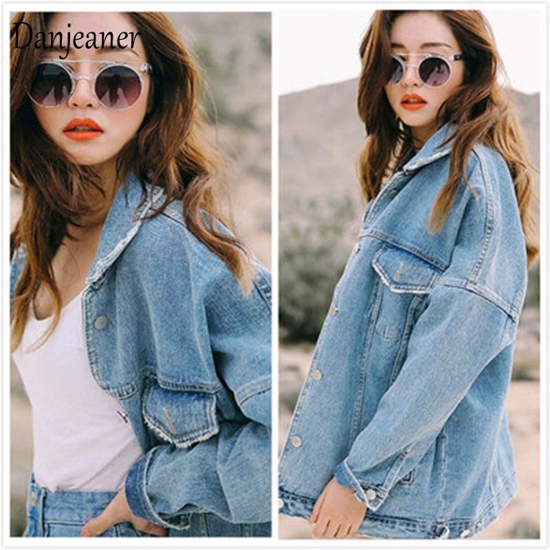 Danjeaner BF Wind Loose Large Size Denim Jacket Female Turn Down Collar Coat Casual Jean Jackets Frayed Pattern Basic Coat T200111