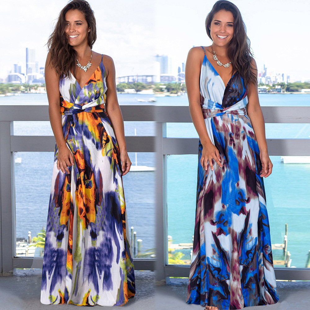 Multicolor Tropical Jungle Leaf Boho Long Dress Sling Cross Back Women V neck Party Night Elegant Sexy Maxi Summer Dresses T200604