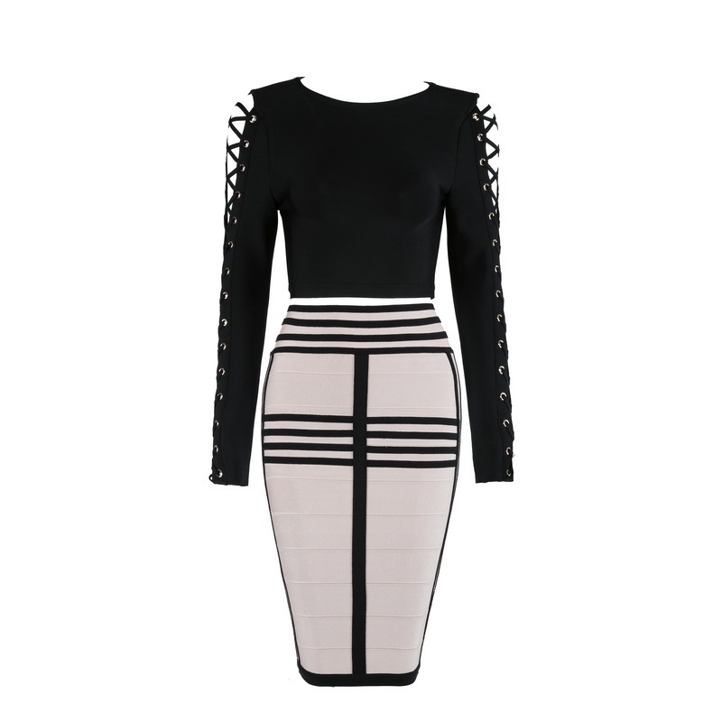 Top Quality HL Celebrity 2 Pieces Set Black Long Sleeve Knee Length Rayon Bandage Dress Cocktail Party Dress 201127