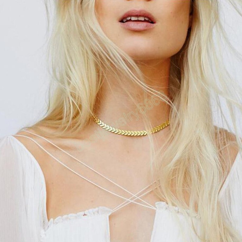 Simple Minimalist Copper Flat Fishbone Chain Choker Necklace Punk V-Shaped Short Collar Clavicle Necklace Women Jewelry