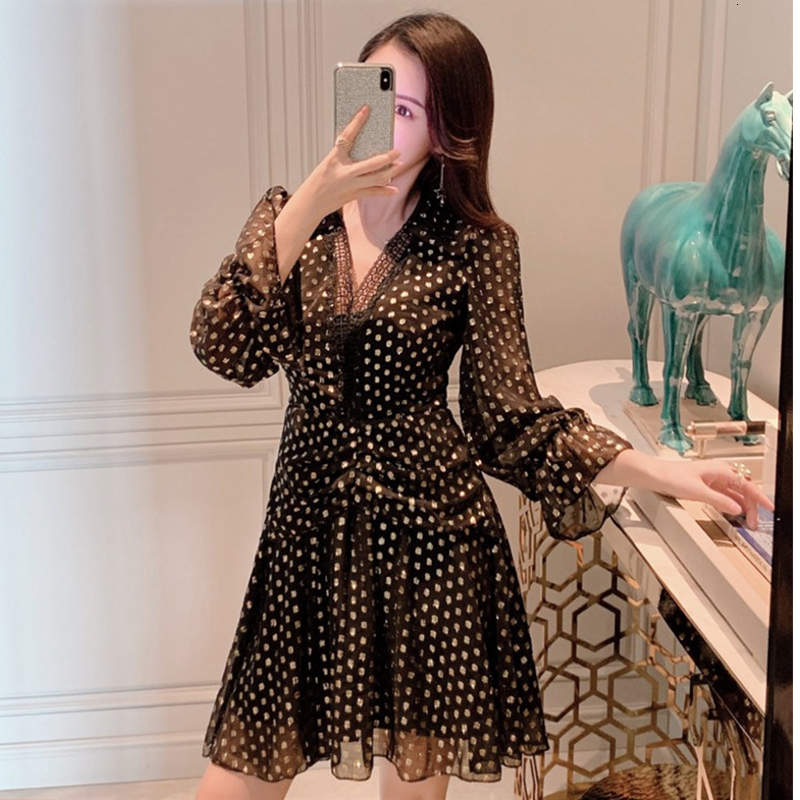 New Fashionable Gold Polka Dot of Woman with Upper-sleeve Cleavage Full Waist High Runway Dress in Black Autumn Self-dressed Female Ugrq
New Fashionable Gold Polka Dot of Woman with Upper-sleeve Cleavage Full Waist High Runway Dress in Black Autumn Self-dressed Female Ugrq
