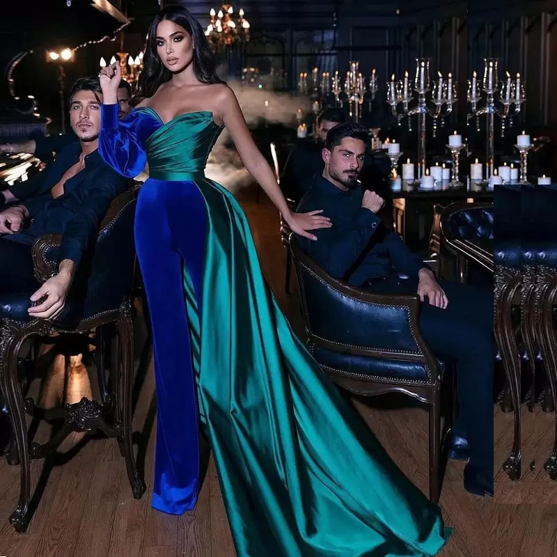 Newest Fashion Jumpsuit Evening Dresses Sweetheart Long Sleeve Prom Gown Blue & Green Satin Velvet Patchwork Robe De Mariée, Beige
Newest Fashion Jumpsuit Evening Dresses Sweetheart Long Sleeve Prom Gown Blue & Green Satin Velvet Patchwork Robe De Mariée, Beige