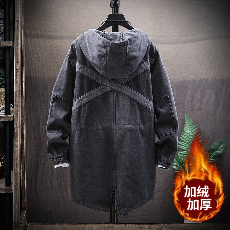 Denim Trench Coat Long Plus Size Hooded Windbreaker Mens Autumn Winter Loose Casual Jacket Fashion Manteaux Men Coats KK60FY 201128