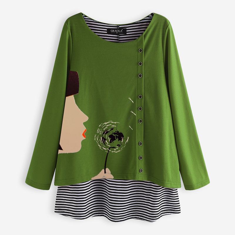 2019 Plus Size Spring Blouse Women Casual Long Sleeve Cartoon Printed Striped Patchwork Shirts Tunic Tops Blusas Female Chemise T200321