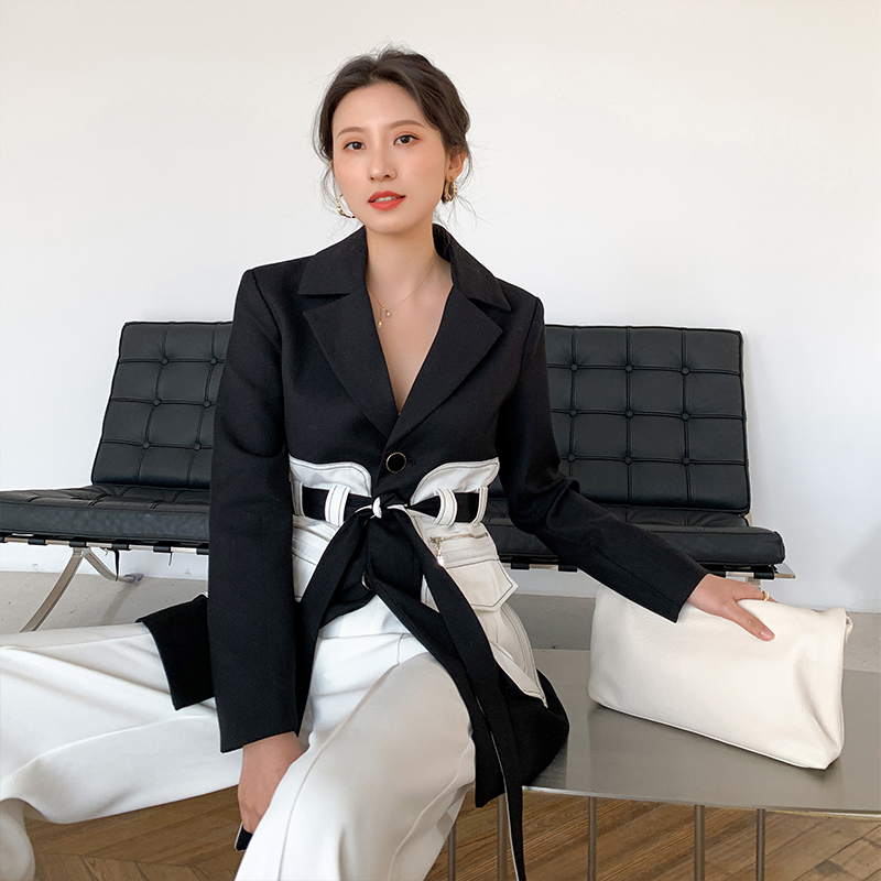 EAM Women Black Pocket Split Joint Blazer Lapel Long Sleeve Loose Fit Jacket Fashion Spring Autumn 1X582 201114