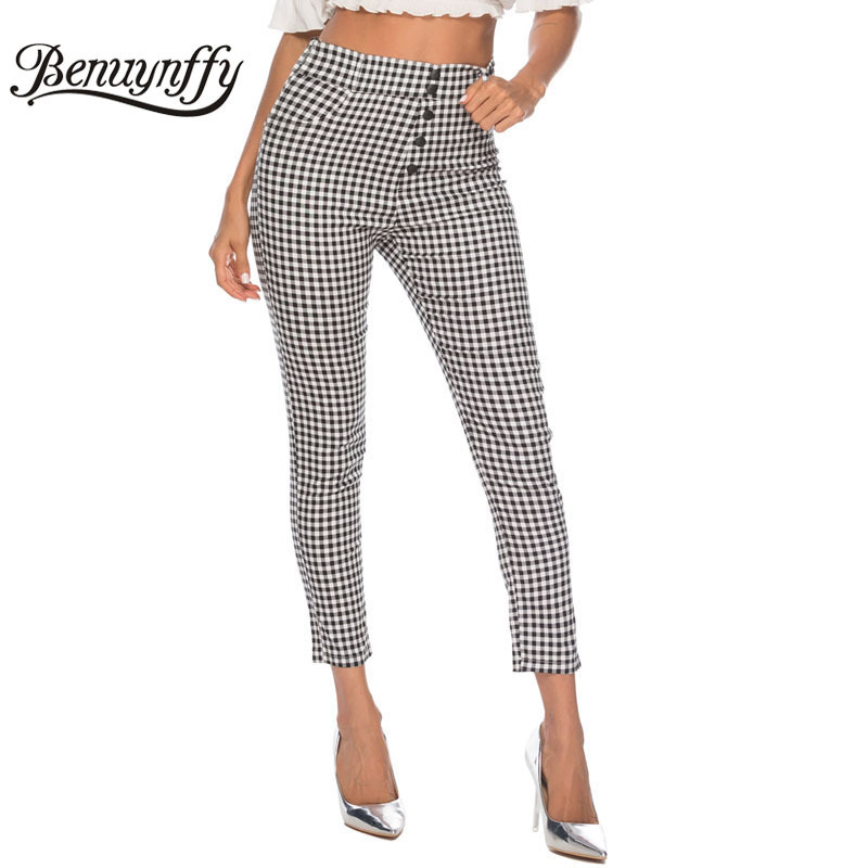 Benuynffy Vintage Button High Waist Plaid Pants Summer Office Lady Workwear Trousers Women Elegant Side Zipper Pencil Pants 201109
