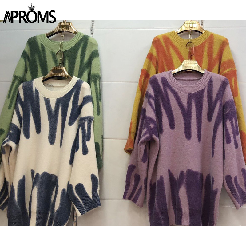 Aproms Elegant Green Striped Print Oversized Pullovers Women Winter O-Neck Loose Long Sweaters Streetwear Warm Outerwear 201023