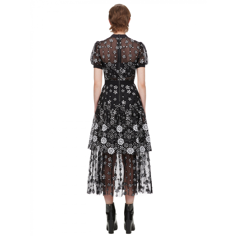 New arrive women lace dress round collor short sleeve female black flower midi dress T200113