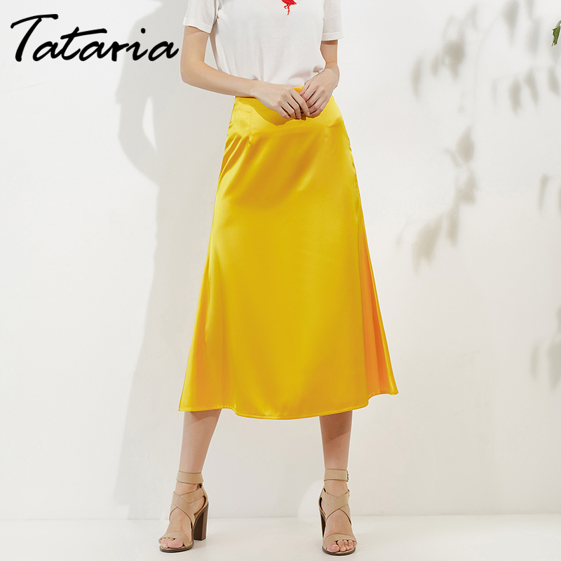 Tataria High Waisted for Silk Satin ALine Elegant Skirts Women Midi Skirt New Korean Style T200324
