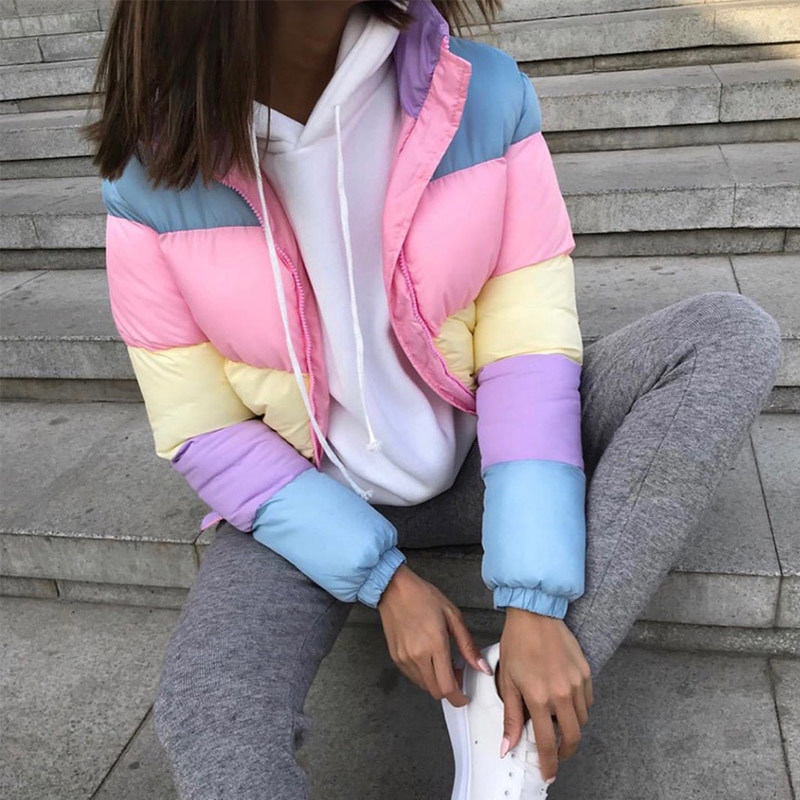 Women's Fresh Rainbow Contrast Short Bread Parkas Winter Zipper Pockets Jacket Women Parka Casual Patchwork Fuffy Female Jacket 201217