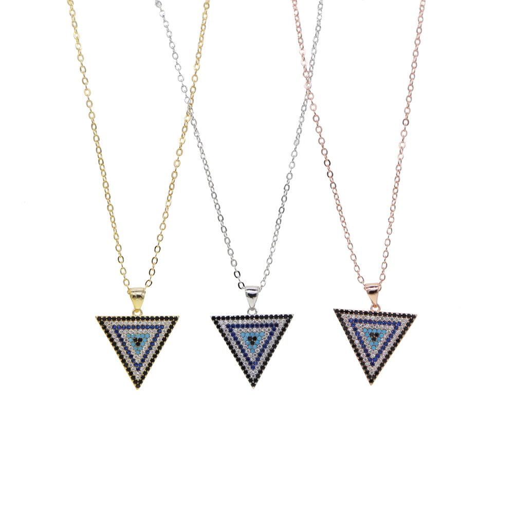 Promotion Fashion Women Jewelry Geometric Triangle Pendant Full Colorful CZ Paved Necklace 3 Colors
