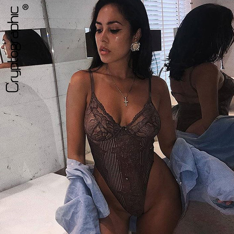 sheer lace bodysuit women backless transparent mesh bow sexy jumpsuit catsuit straps bodysuits thong T200116