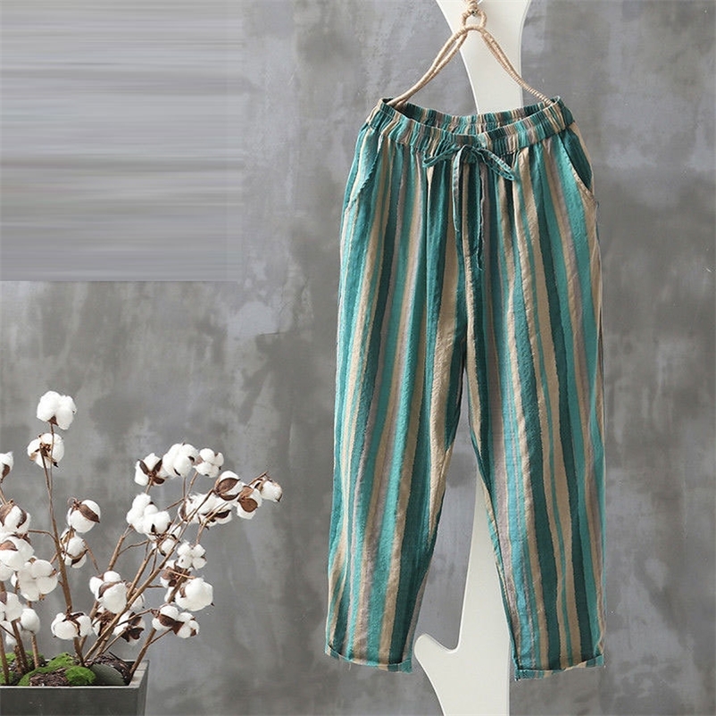 Summer Fashion Women Pants Plus Size Loose Casual Elastic Waist Striped Harem Pants Vintage Cotton Linen Ankle-length Pants D125 201228, Blue
Summer Fashion Women Pants Plus Size Loose Casual Elastic Waist Striped Harem Pants Vintage Cotton Linen Ankle-length Pants D125 201228, Blue