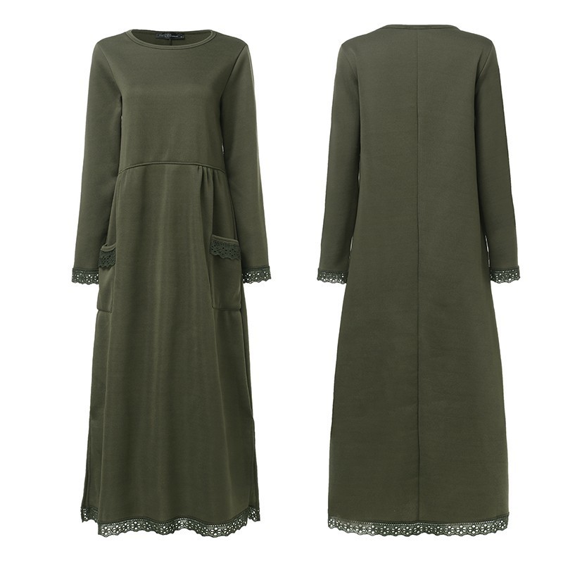 ZANZEA Women Autumn Long Sleeve Long Sweatshirt Dress Lace Pacthwork Sundress Solid Vestido Robe Femme Loose Fleece Dresses T200416