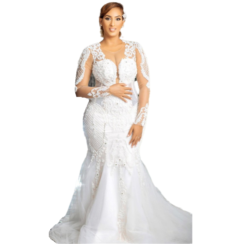 Modern Pearls Beaded Mermaid Wedding Dresses With Long Sleeve Lace Appliqued Sweep Train Trumpet Bridal Gowns Sheer Jewel Neck Illusion Plus Size Brid