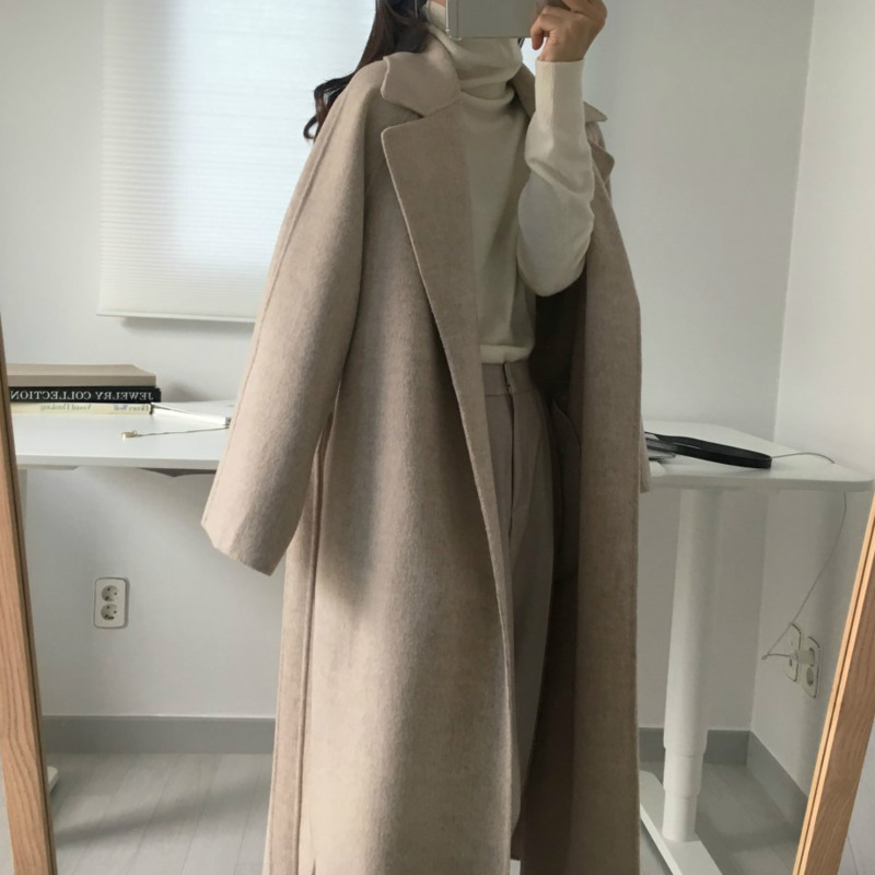 LANMREM autumn gray turn-down collar woolen coat with belt fashion Korean gentle elegant new loose long tweed coat 201103